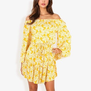 Anna-Kaci Women's Off Shoulder Floral Print Fashion Dress With Balloon Sleeves And Ruffle Hem - 1 of 4