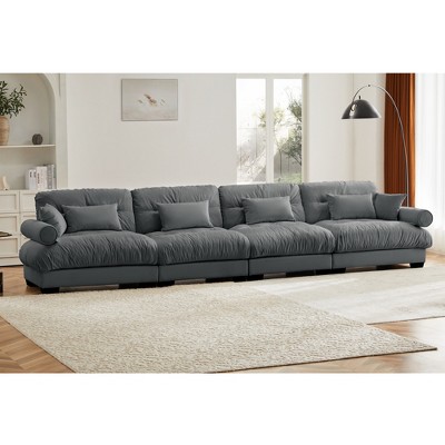 Aukfa Grey Velvet Large Sofa with Bolster Armrests, Waist & Throw Pillows – Modern Couch for Living Room, Bedroom or Office