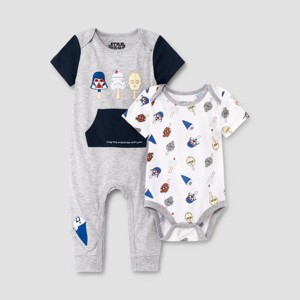 Baby Boys' 2pk Star Wars Romper Set - Heather Gray - 1 of 4