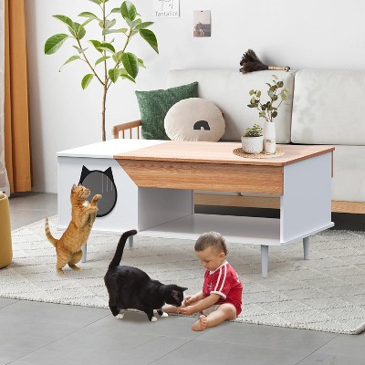 White Wooden Coffee Table 45'', Rustic Living Room Table with Storage Drawer, Hidden Cat House, Multifunctional Pet Litter Box Furniture