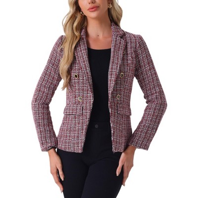 INSPIRE CHIC Women's Elegant Long Sleeve Open Front Buttons Decor Plaid Tweed Blazer