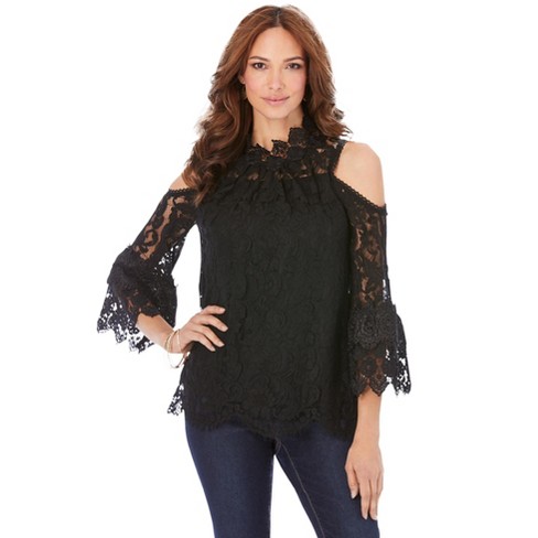 Roaman's Women's Plus Size Lace Cold-shoulder Top - 32 W, Black : Target