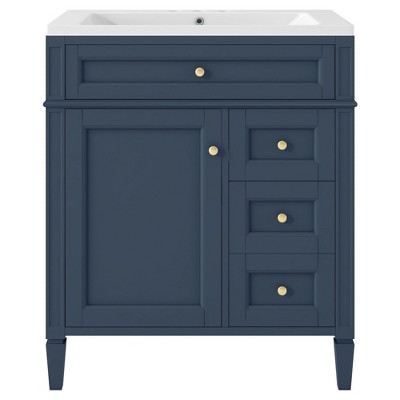 Vynxaria 30 inch Ocean Blue Mid Century Single Sink Freestanding Bath Vanity with White Resin Top Three Full Extension Drawers One Soft Close Door