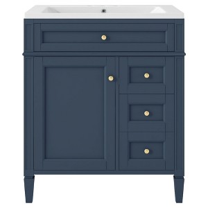 Vynxaria 30 inch Ocean Blue Mid Century Single Sink Freestanding Bath Vanity with White Resin Top Three Full Extension Drawers One Soft Close Door - 1 of 4