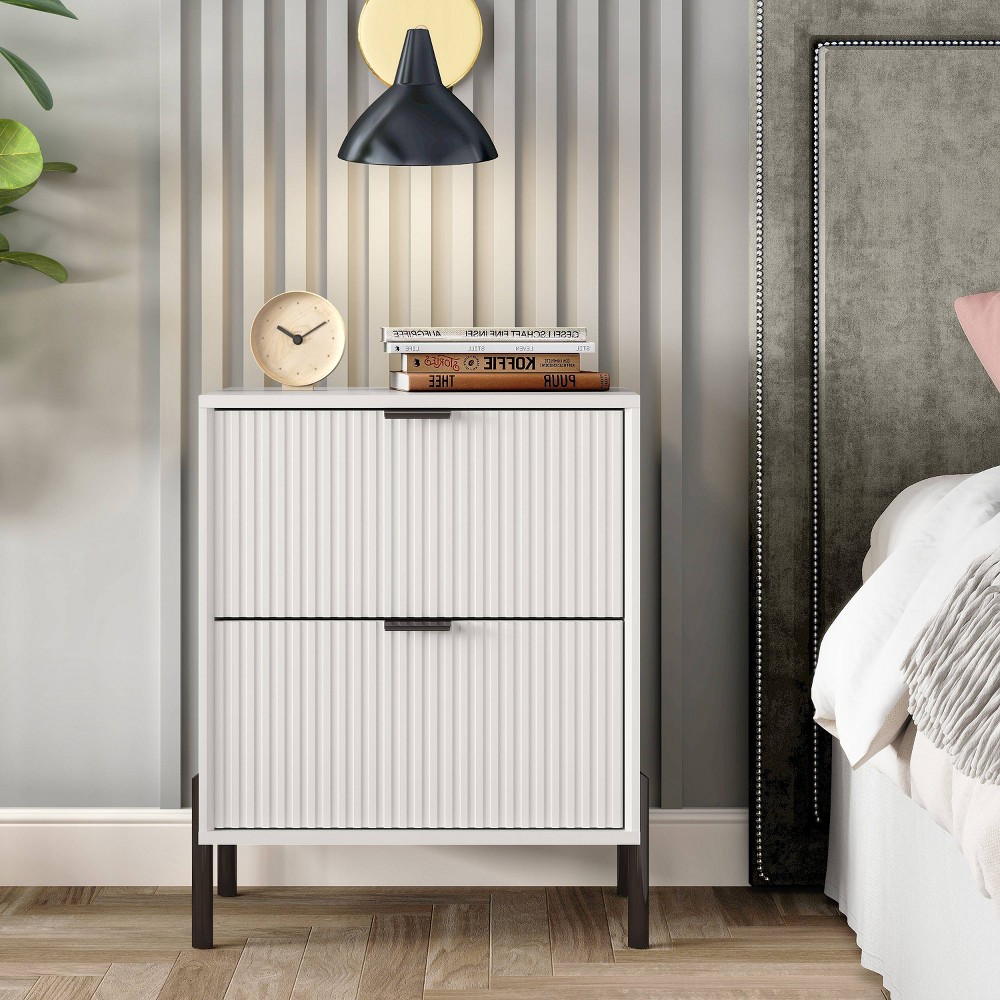 Festivo 2 Drawer Nightstand Off-White: Scandinavian Style, Modern Square Shape, MDF Construction