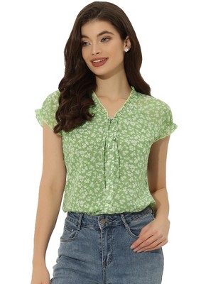 Allegra K Women's Summer Floral Chiffon Tie V Neck Ruffled Short Sleeve Shirt