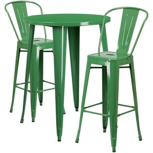 Emma and Oliver Commercial 30" Round Green Metal Indoor-Outdoor Bar Table Set-2 Cafe Stools - 1 of 4
