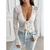 Womens Cardigan V Neck Lace Trim Tie Front Long Sleeve Cardigan - 4 of 4