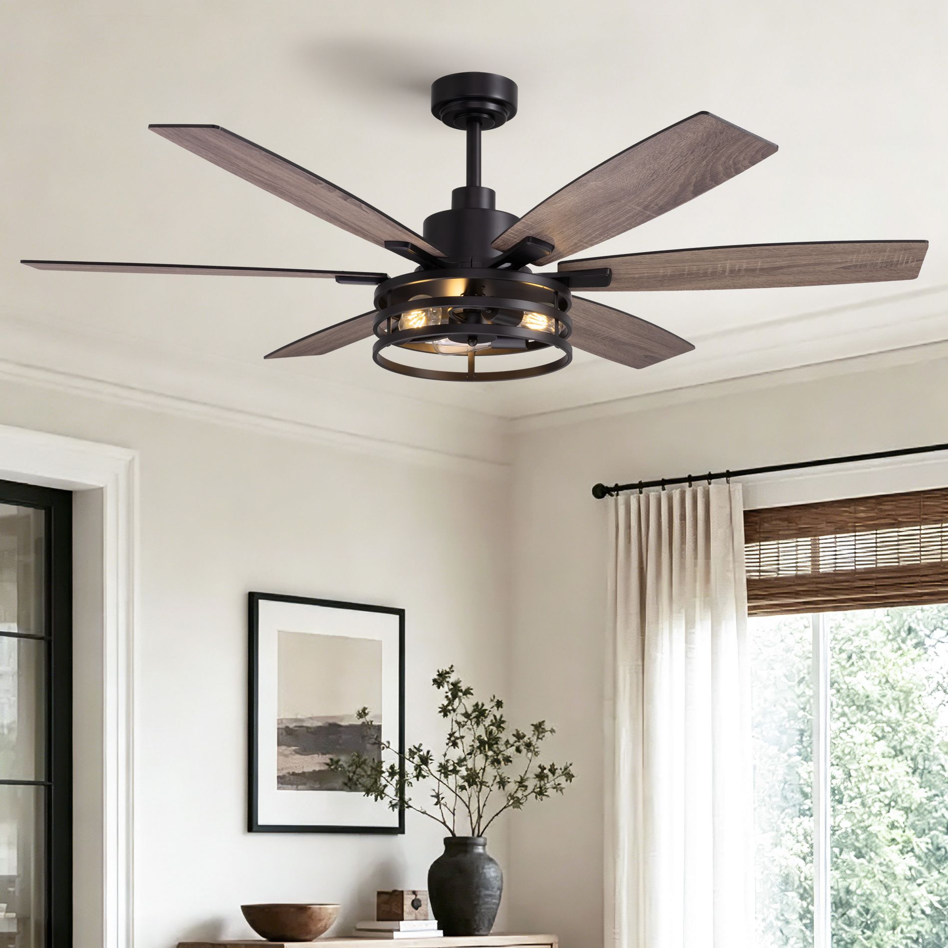 Siljoy 60-in Indoor Matte Black Layered Caged Ceiling Fan with Light Kit Reversible Blades and Remote Included (6 Big Blades and Dual Colors)