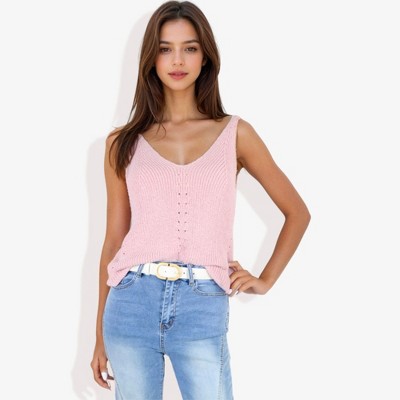 Anna-Kaci Women's V-Neck Knit Tank Top With Eyelet Detail- X Large, Pink