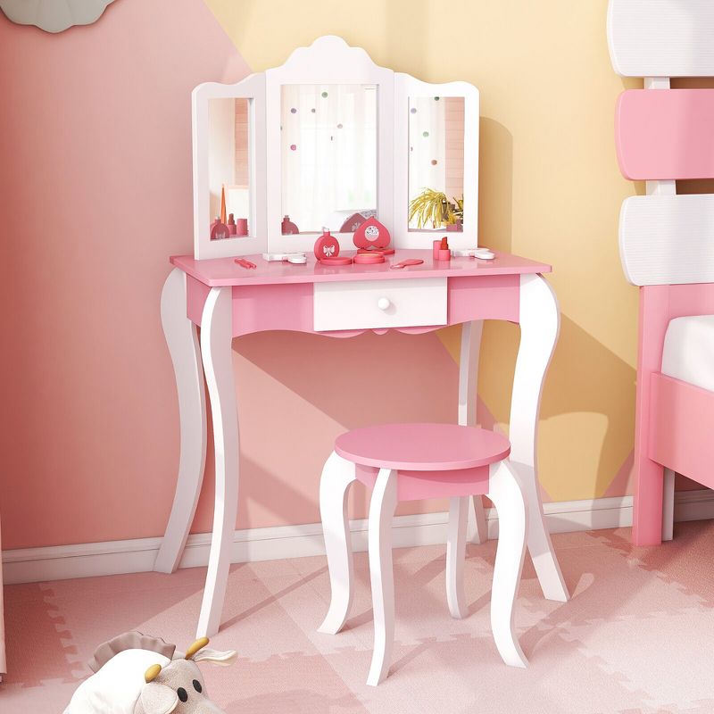 Tangkula Kid Vanity Table and Chair Detachable Tri-Folding Mirror Pretend Play Makeup Set, 2 of 10