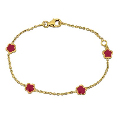 EVERLY JEWELRY | 14K Yellow Gold Red Enamel Flower Station Bracelet, 5.5 inch
