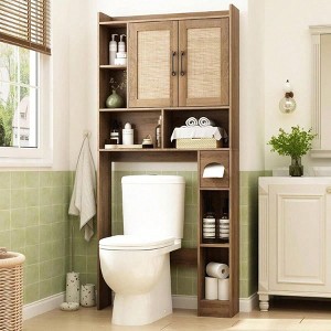 Rattan Over Toilet Storage Cabinet, Boho Bathroom Organizer with 2 Doors Adjustable Shelves Modern Above Toilet Rack Toilet - 1 of 4