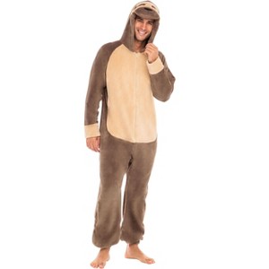ADR Men's Plush Fleece One Piece Hooded Footed Zipper Pajamas Set, Soft Adult Jumpsuit PJs with Hood - 1 of 4