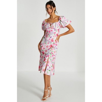 ヌキテパ event FLOWER SLEEVE DRESS Ｍ Floral Fantasy Skies Smocked Tiered Puff Sleeve Maxi Dress