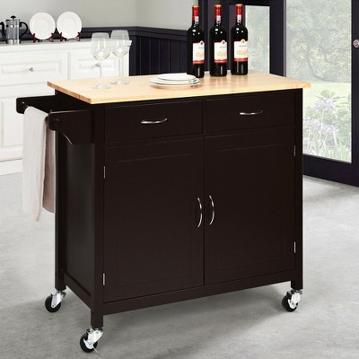 Costway Modern Rolling Kitchen Island Cart Wood Top Storage Trolley with Storage Drawers Brown