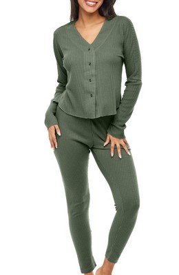 ADR Women's Pajamas Set, Soft Ribbed Knit Waffle Pajamas Lounge Set, Long Sleeve Drop Shoulder V-neck Top and Leggings PJ Pants