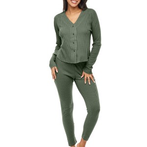 ADR Women's Pajamas Set, Soft Ribbed Knit Waffle Pajamas Lounge Set, Long Sleeve Drop Shoulder V-neck Top and Leggings PJ Pants - 1 of 4