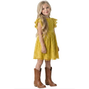 2Bunnies Girls Vintage Lace Pom Pom Trim Flutter Sleeve Party Dress