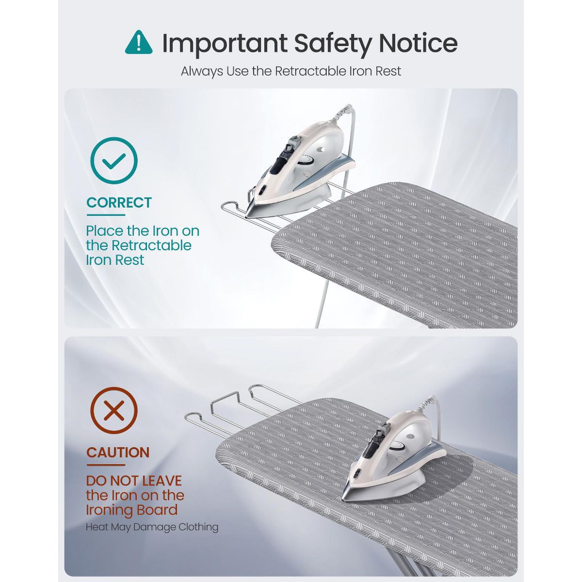 LEDREM Ironing Board with Cover & Pad, Foldable Steel Frame, Adjustable Height, Iron Rest, for Laundry Room - thumbnail 10