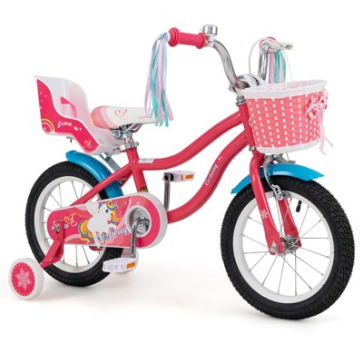 Safstar Kids Bike, 14 Inch Girls Bike for Toddlers w/Training Wheels, Handbrake & Coaster Brake, Steel Frame, Fully Enclosed Chain, Gift for Kids 3-8