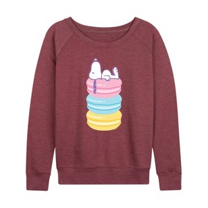Women's - Peanuts - Snoopy Stacked Macarons Lightweight French Terry Wide Neck Long Sleeve Shirt - 1 of 4