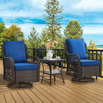 Garvee 3 Pieces Outdoor Swivel Rocker Set, 2 Chairs and Side Table, 360¡ã Rotation, Patio, Porch, Pool (Coffee/Blue Cushion)
