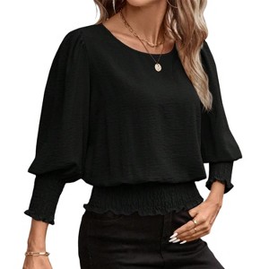 Women's Blouse Puff Sleeve Smocked Waist Scalloped Hem Casual Loose Fit Round Neck Top - 1 of 4