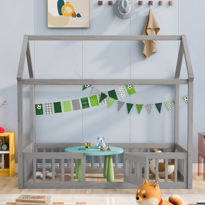 Kids House Bed Twin Size Wood Floor Bed With Fence Roof Pine Platform Bed With Rails Door For Boys Girls