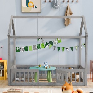 Kids House Bed Twin Size Wood Floor Bed With Fence Roof Pine Platform Bed With Rails Door For Boys Girls - 1 of 4