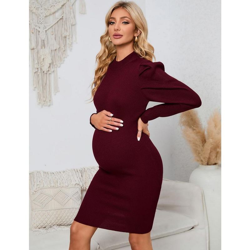 Maternity Ribbed Knit Sweater Puff Long Sleeve Bodycon Dress Mock Neck Fall Casual Midi Dress Baby Shower Photoshoot, 5 of 8