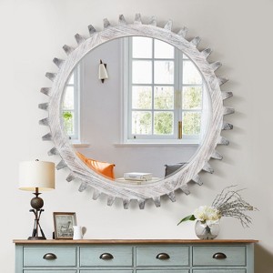 CAVINAS Wooden Round Bathroom Mirror,Heavy Gear-Shaped Frame Mirror,Wall Mounted Mirror for Bathroom,Living Room,Entryway,Corridor - 1 of 4