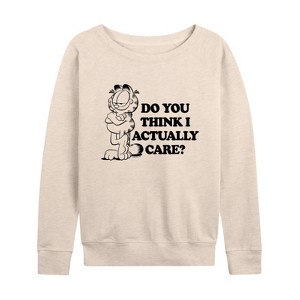 Women's - Garfield - Do You Think I Actually Care Lightweight French Terry Wide Neck Long Sleeve Shirt - 1 of 4