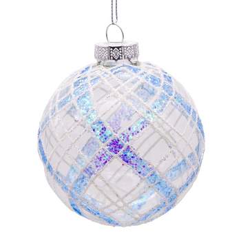 Kurt Adler 80MM Plaid Light Blue and Clear Glass Ball Ornaments, 6 Piece Set