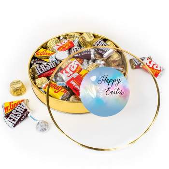 Easter Chocolate Gift Tin - Plastic Tin with Candy Hershey's Kisses, Hershey's Miniatures & Reese's Peanut Butter Cups - Tulips - By Just Candy
