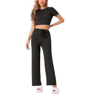 INSPIRE CHIC Women's Ribbed Knit Short Sleeve Crop Top with Pants Outfits Lounge Sets - 1 of 4