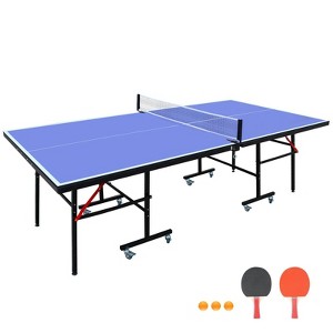 SEVOBAL Table Tennis Accessories 8ft Mid Size Ping Pong Table Foldable Portable Set for Indoor Games, Blue, 50"*26"*6" - 1 of 4