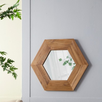 VYNXARIA 18.5" x 18.5" Hexagon Mirror with Natural Wood Frame, Wall Decor for Living Room Bathroom Hallway,