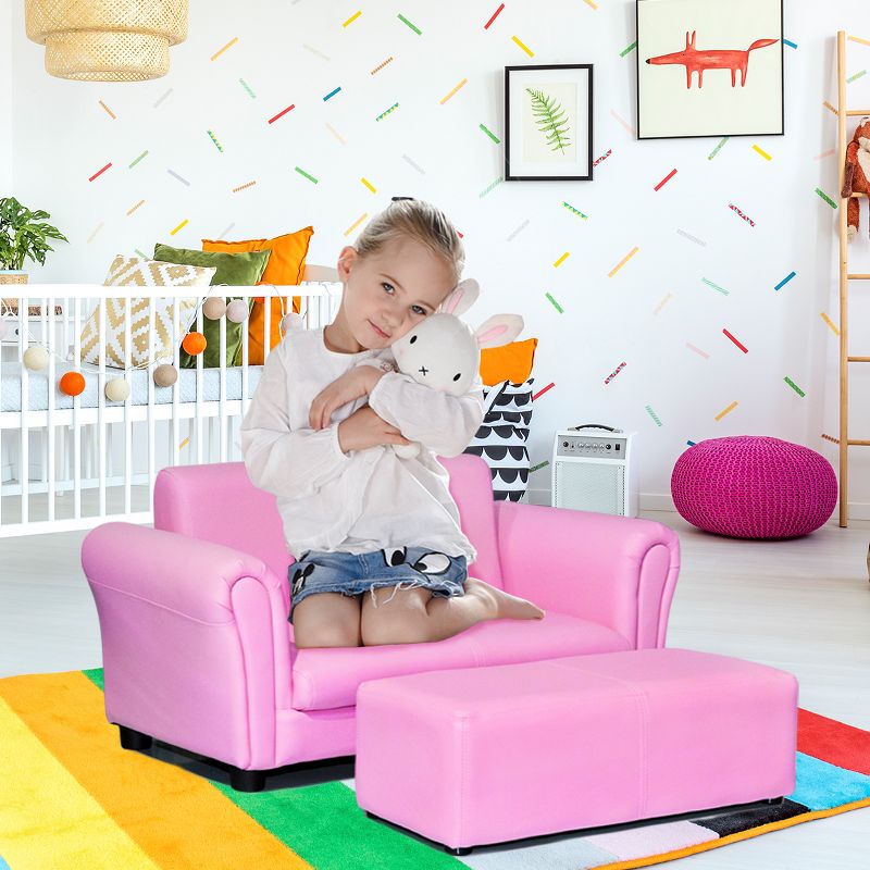 Costway Pink Kids Sofa Armrest Chair Couch Lounge Children Birthday Gift w/ Ottoman, 3 of 11