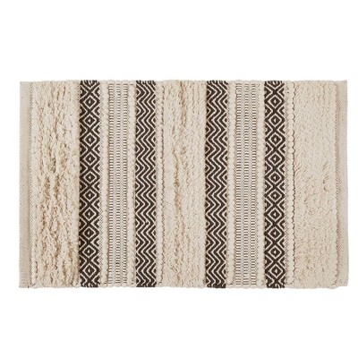 Nordic Beige and Brown Shaggy Patterned Bathroom Rug