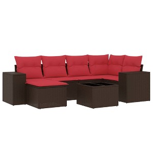 vidaXL 7 Piece Patio Sofa Set with Cushions Brown Poly Rattan - 1 of 4