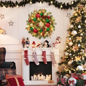 16" Holiday Wreath with 30 LED Lights Timer Red Green Gold Xmas Balls, Battery Operated Snow Flocked Winter Wreath for Fireplace Window Outdoor - 1 of 4