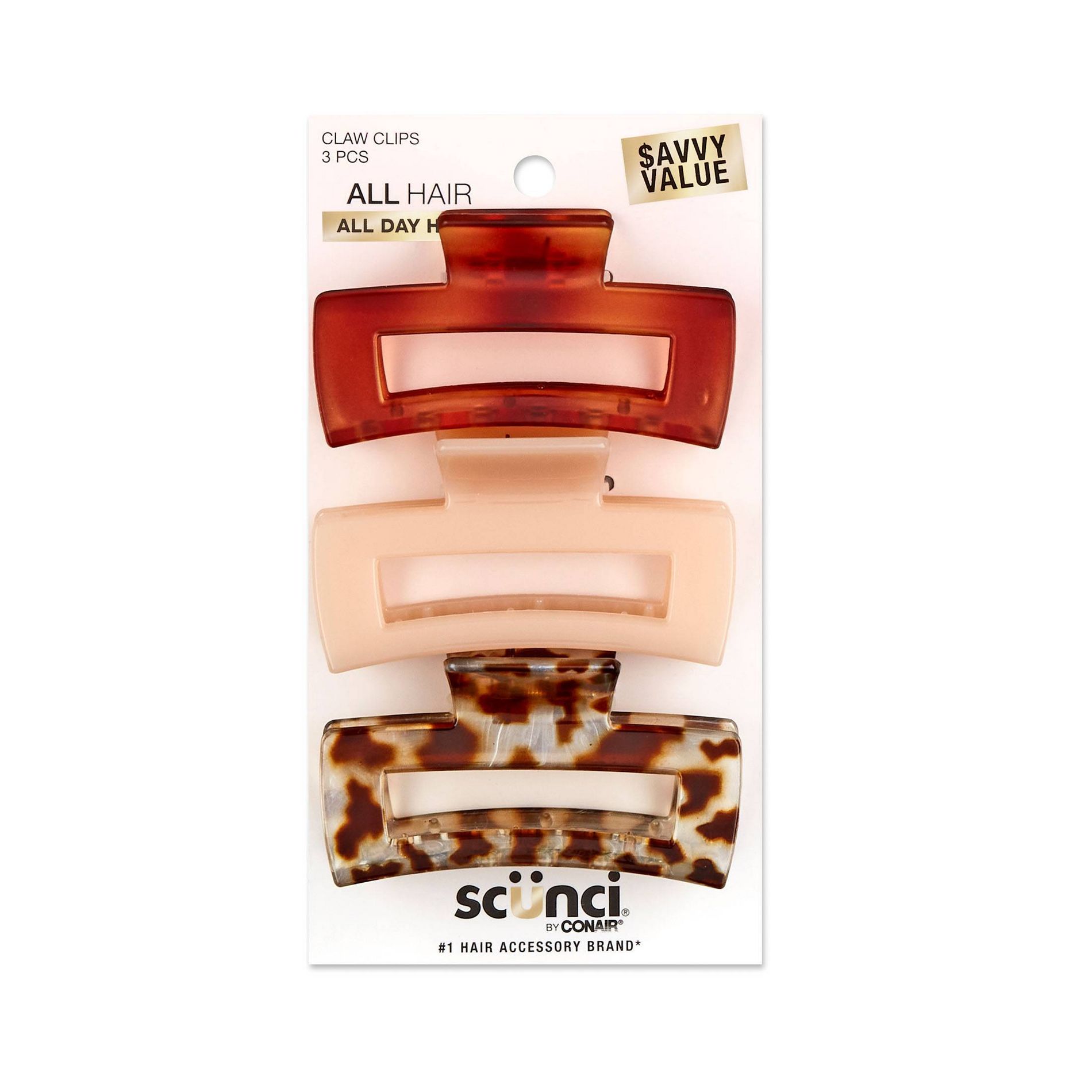 scünci Medium Sized Rectangle Claw Clips - All Hair - 3pcs