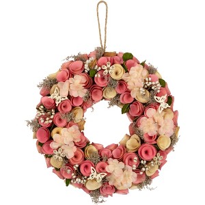Northlight Wooden Artificial Floral and Berries Spring Wreath - 12.5" - Pink and Cream - 1 of 4