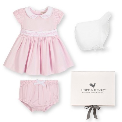 Hope & Henry Baby Short Sleeve Sateen Dress with Peter Pan Collar and Bonnet Boxed Gift Set, Infant