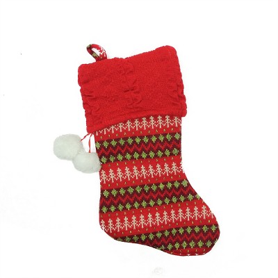 Northlight 19" Red and Green Sweater Knit Christmas Stocking with Pom Poms