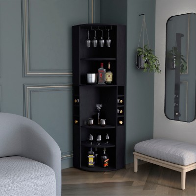 Vynxaria Oban Corner Bar Cabinet with Five Shelves , Eight Bottle Cubbies and Steamware Black