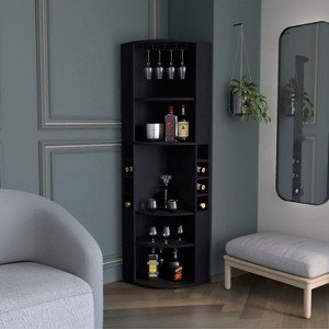 Vynxaria Oban Corner Bar Cabinet with Five Shelves , Eight Bottle Cubbies and Steamware Black - 1 of 4