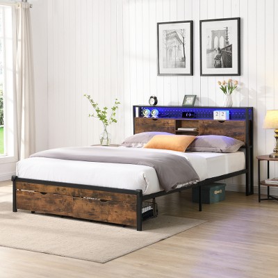 DOMETOUR King Size Metal Platform Bed Frame w/Wooden Headboard, USB, 2 Drawers, Storage, LED Lights, No Box Spring Needed, Easy Assembly