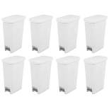 Sterilite 11 Gallon Slim Narrow StepOn Hands Free Portable Kitchen Wastebasket Trash Can Garbage Bin Container with Oversized Lid, White (8 Pack)